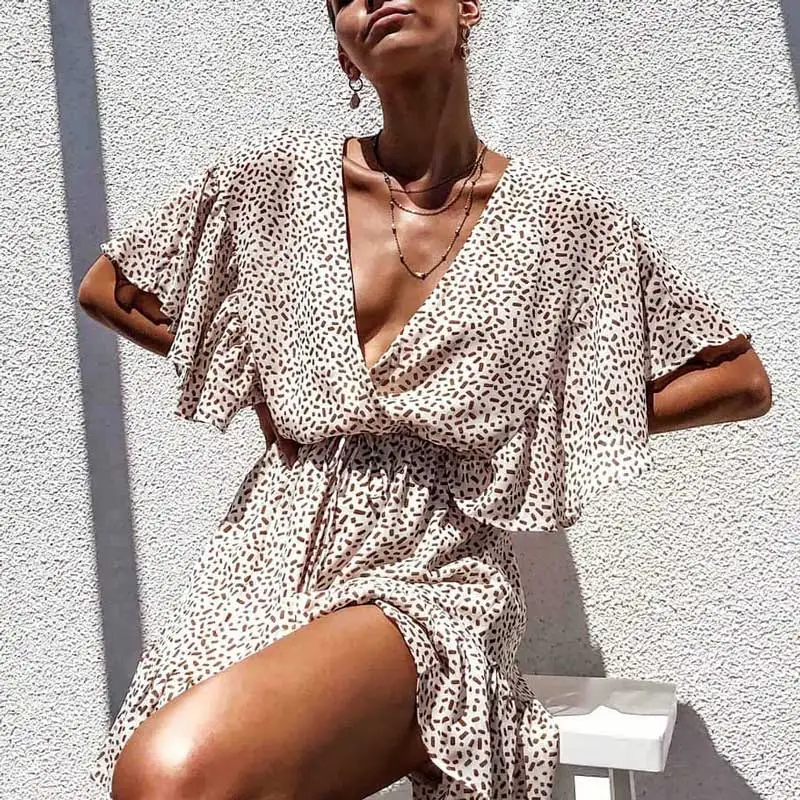 Женское платье с леопардовым принтом в стиле бохо летнее эластичным поясом и