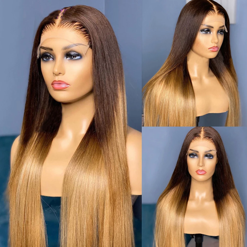 Ombre Honey Blonde Deep Part Glueless 26 inch Brazilian Human Hair Lace Front Wig For Black Women With Babyhair Preplucked Remy