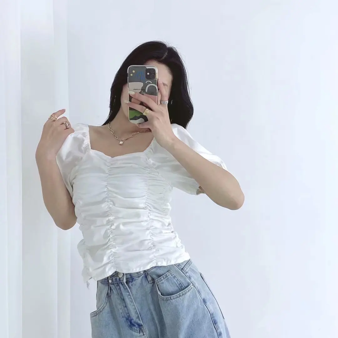 

2021 New Women Puff Sleeve V-neck Pleatd Short Top Women Skinny Sexy Pure Color T-shirt