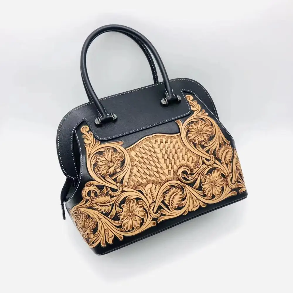 Сумка женская винтажная из натуральной коровьей кожи с гравировкой зеленого