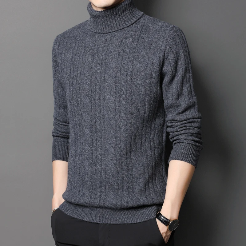 High Quality Male Pure 100% Wool Thick Sweater Winter Turtleneck Cashmere Knitwear Male High Collar Pure Wool Warm Jumpers