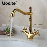monite golden polish kitchen faucet basin vessel rotated dual handles swivel gold plated deck mounted mixer water tap faucet