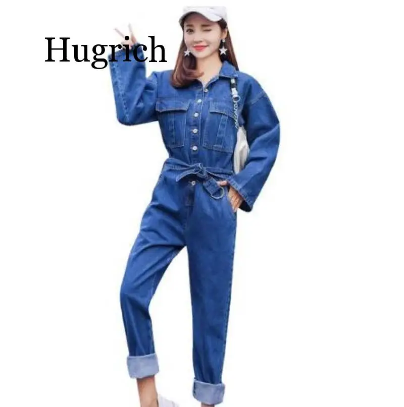 

Женский джинсовый комбинезон с длинным рукавом, Облегающий комбинезон с широкими штанинами и завышенной талией в уличном стиле, весна 2019