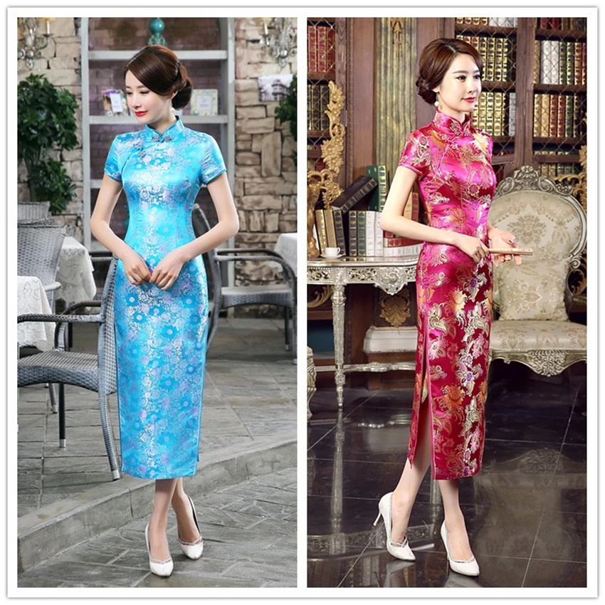 Женское атласное платье-Ципао длинное вечернее платье в стиле ретро с