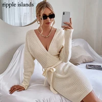 ripple islands white dress womens knitted dress v collar slim sexy hip wrapped dress open back knitted sweater bow belt