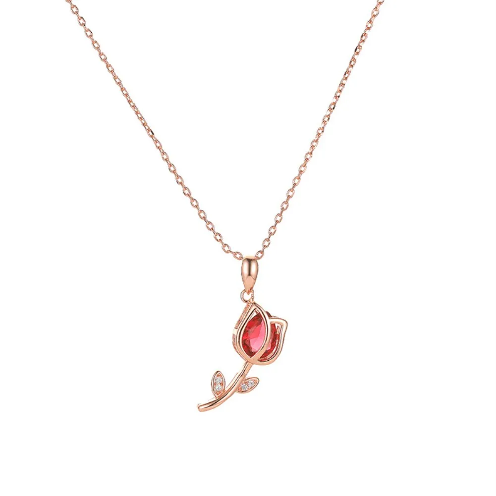 

Fashion Rose Gold Plated Necklace Tulip Flower Chokers Necklace with Shiny Rhinestone for Women Luxury Jewelry Gift LY-40085
