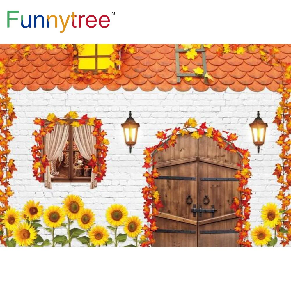 

Funnytree Autumn Sunflowers Harvest Leaves Lights Banner Background Window Curtain Wood Gate Brick Wall Photozone Backdrop