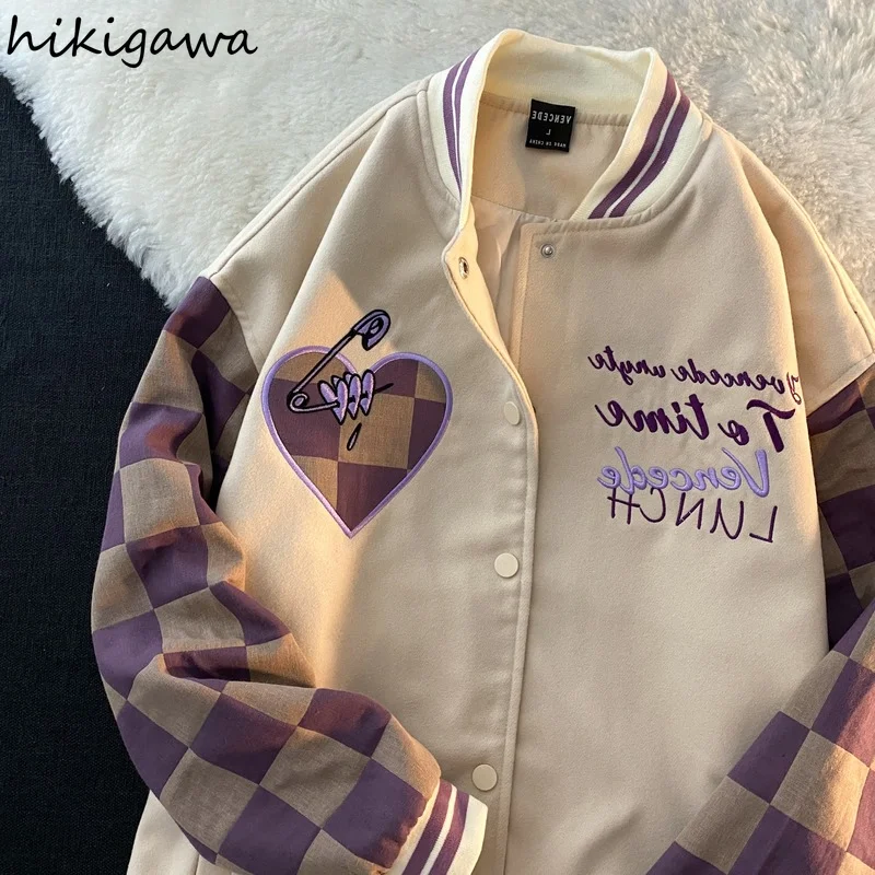 

Hikigawa Streetwear BF Jacket for Women Chic Embroidery Bear Patchwork Plaid Oversized Outwear 2021 Harajuku Vintage Coat Tops