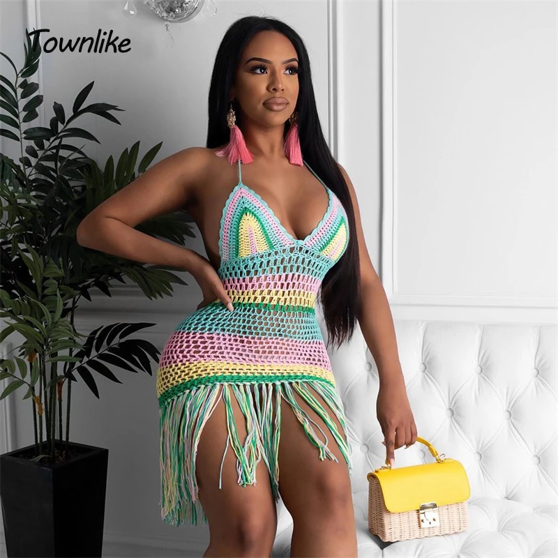 Townlike кисточкой открытое пляжное платье женское сексуальное с тоненькими
