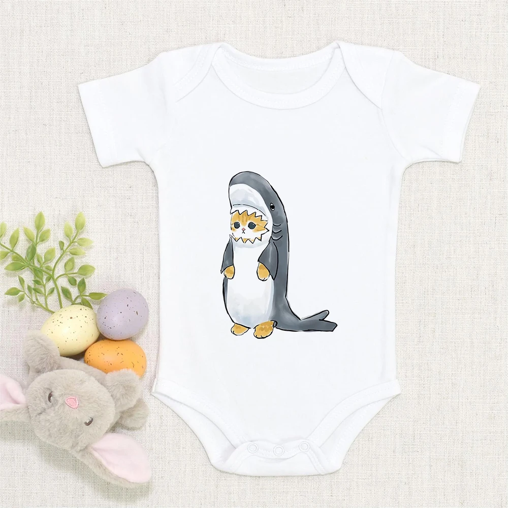 

Funny Cat Shark Printed Infant Bodysuit Loose Cozy Summer Newborn Girl Clothes Short Sleeve Round Neck Toddler Jumpsuits 0-24M