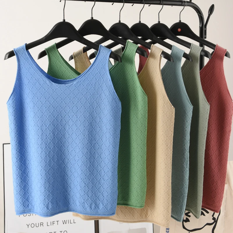 

MERRILAMB Summer Women's Short Leisure Worsted Cotton Knit Tank Tops Solid Color Hollow Out Style Vest