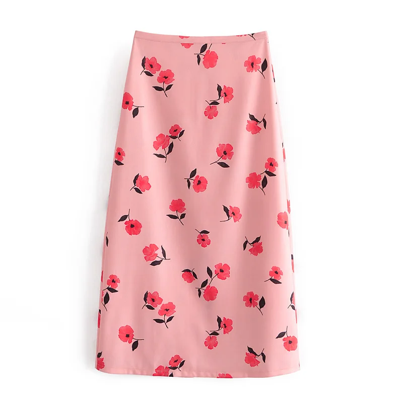 

Summer Split Skirt Wrap Skirt Print with Zipper Spring Botton Clothes A-line Elegant Pink Red Flower Printed Autumn Elegant