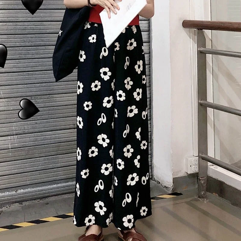 

Women High Waist Wide Leg All-match Pants 2021 Floral Print Loose Trousers Fashion Casual Print Loose Lady Long Pant Streetwear