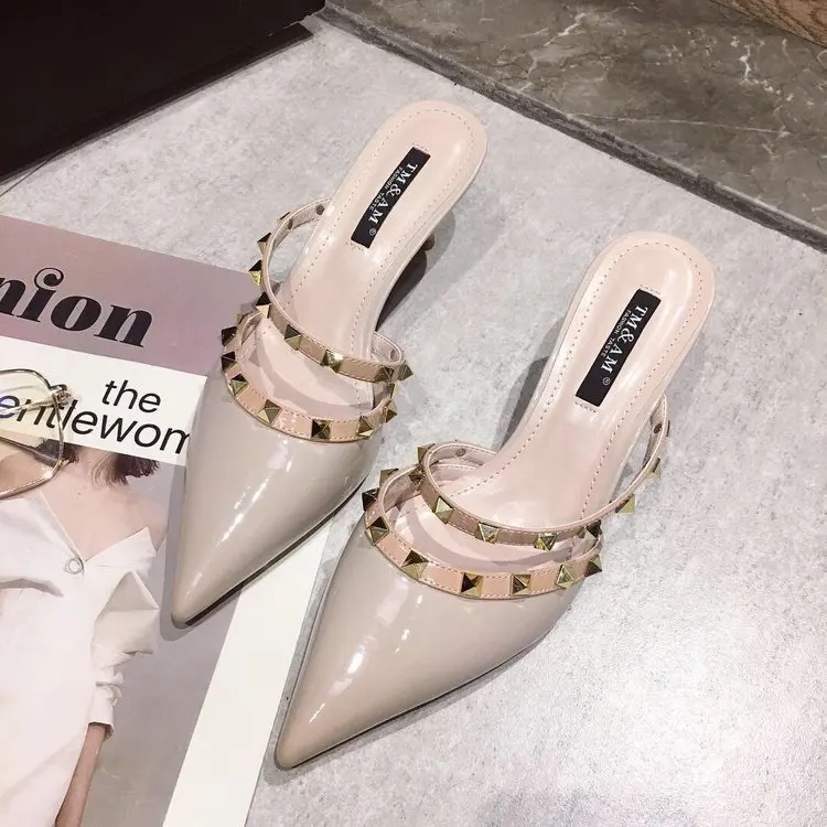 

Shipping Heel Sexy Shoes Women Mules Pointed Toe Shoes Rivets Strap Heel Ladies Sandals Female Dress Shoes Brand