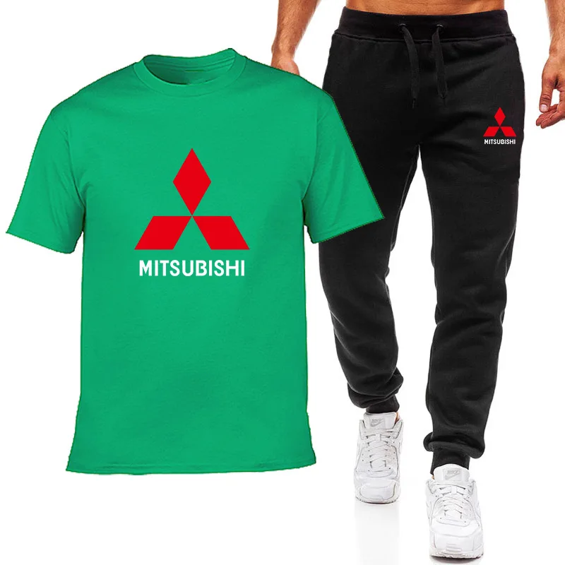 

New Fashion Summer Men Mitsubishi Car Logo Print HipHop Casual Cotton Round Neck Short Sleeve High Quality T-shirt+pants SuitB23