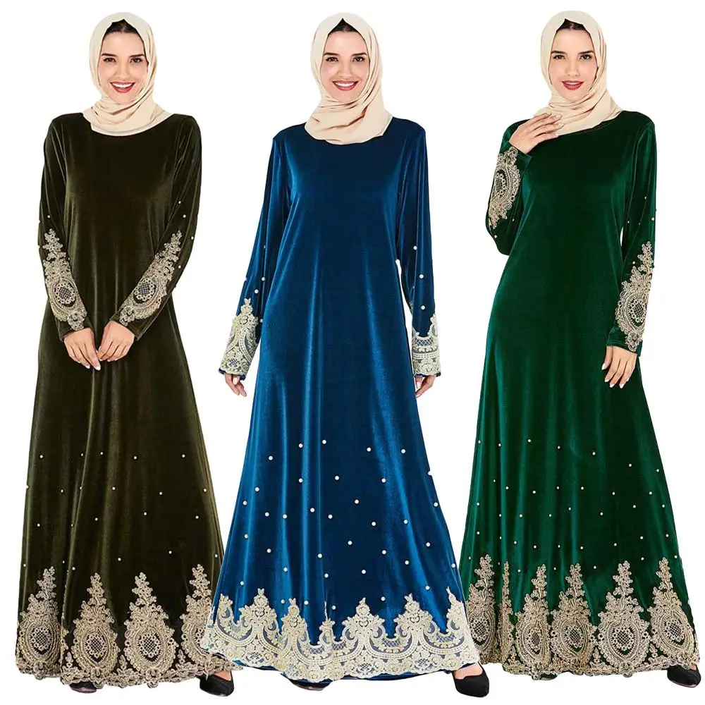 Женское бархатное платье макси с вышивкой Abaya свободное мусульманское