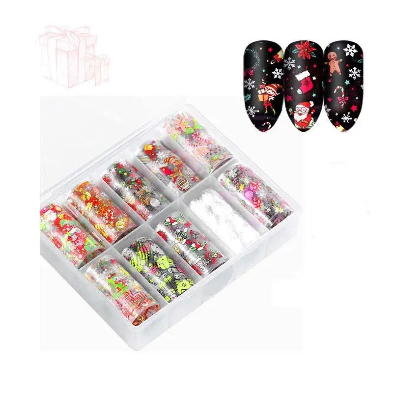 

10pcs/kit Foil Nail Transfer Stickers Christmas Starry Sky Snowflakes Glitter Nail Art Wraps Adhesive DIY Manicure Tip Tool
