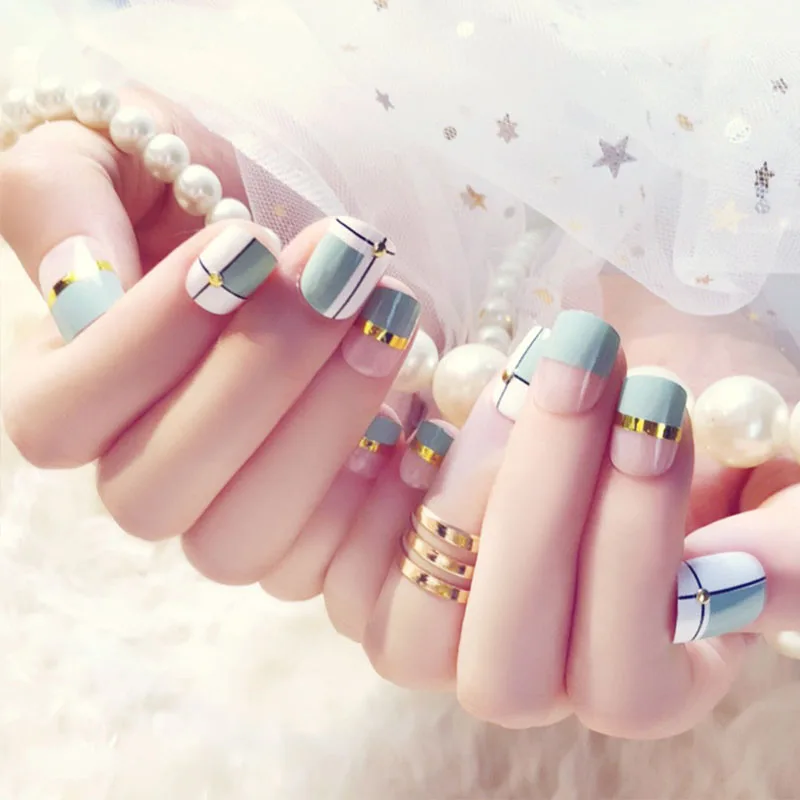 style8 24 шт./компл. для девочек с красивым рисунком сердца; Временные татуировки для ногтей "сделай сам", белая, серая, Цвет накладные ногти Короткие Размеры нейл-арта Пресс на Поддельные ногтей с клеем - Цвет: style8