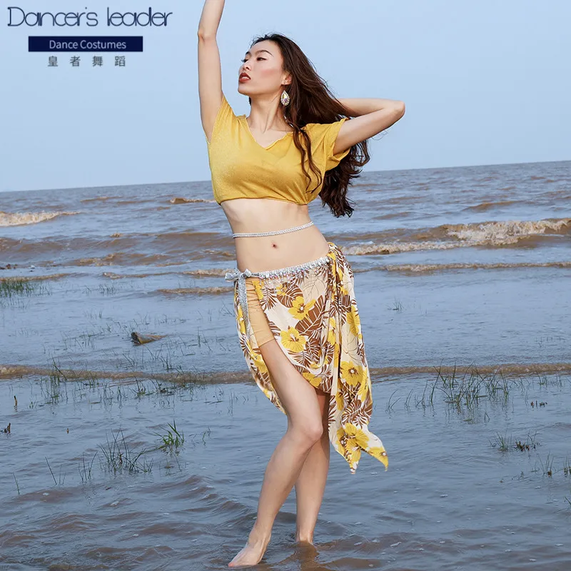 

2020 summer new women's belly dance costume short top + chiffon printing oriental dance beginner practice clothes suit