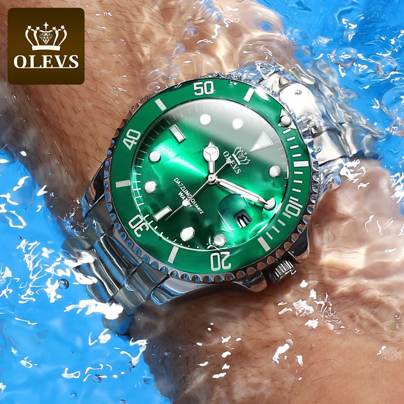 

Olevs Brand Watch Cross-Border Hot Lao Luminous Waterproof Lux Green Submariner Watch Men's Quartz Watch Men's Watch