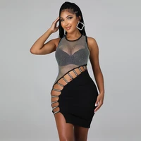 rhinestones hollow see through party dress for women o neck sleeveless package hip dresses elegant body shaping skinny robe
