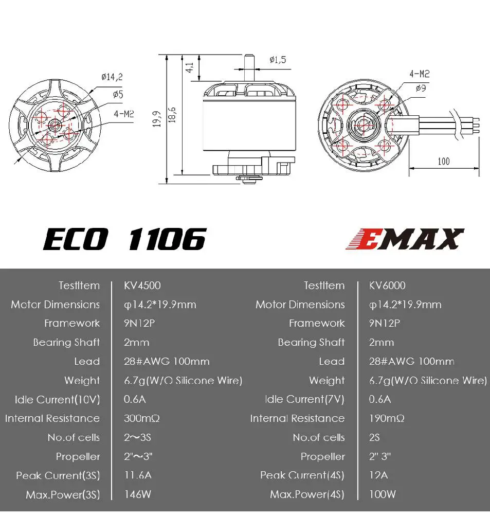 

RCtown 4PCS Emax FPV RC Motor ECO1106 4500KV 6000KV Brushless Motor for FPV for Multi Axis RC Racing Drone