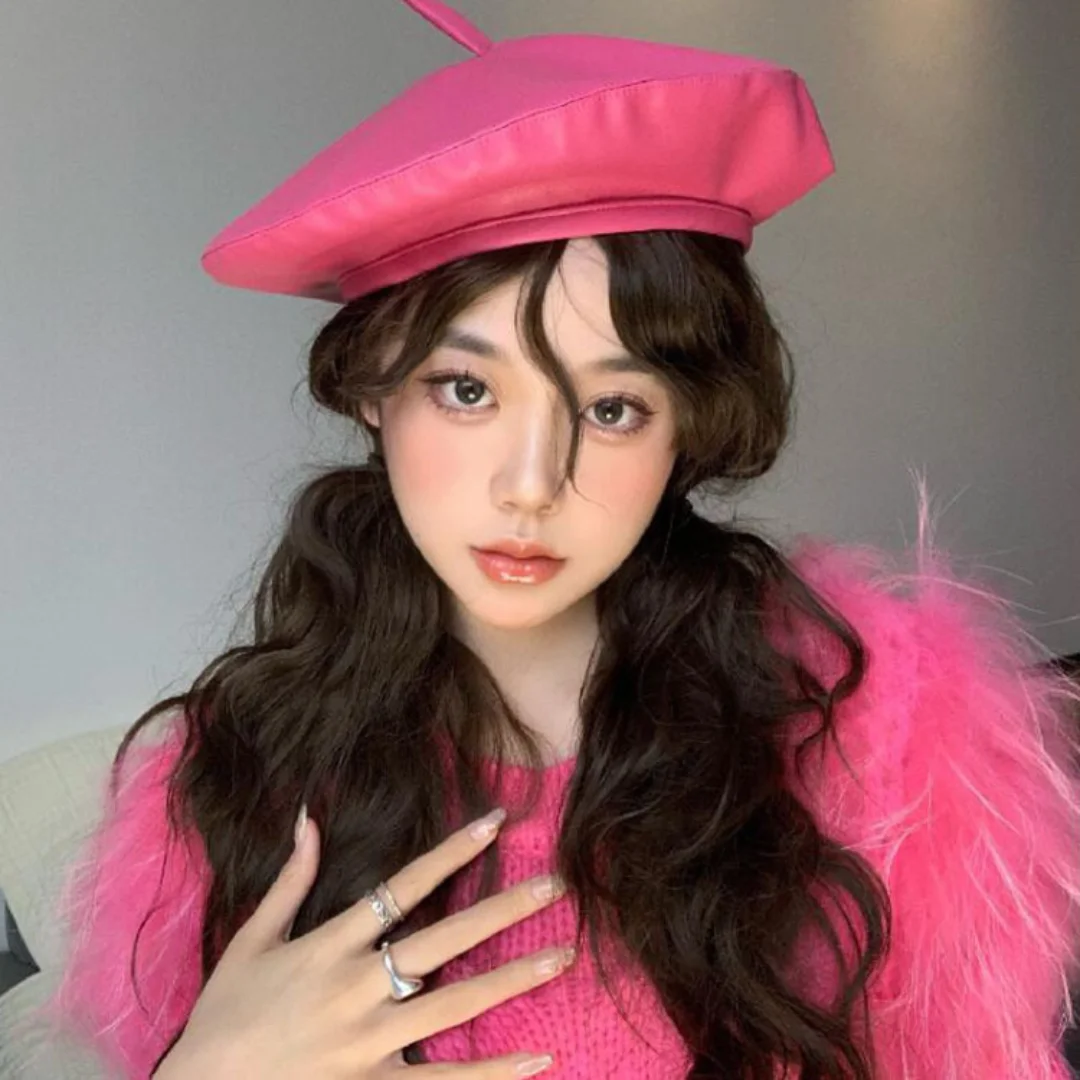 Женский берет из искусственной кожи розово-красный во французском стиле