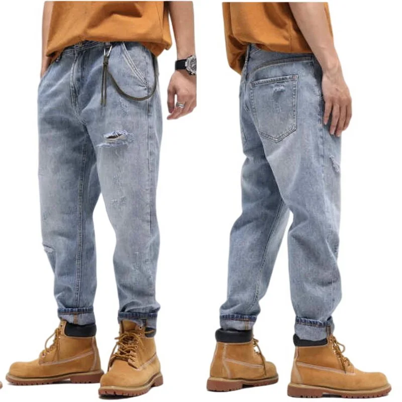 Jeans Men's Loose Straight Light-Colored Wide-Legged Ankle-Length Denim Pants Men's Street Fashion Brand Retro Ripped Jeans