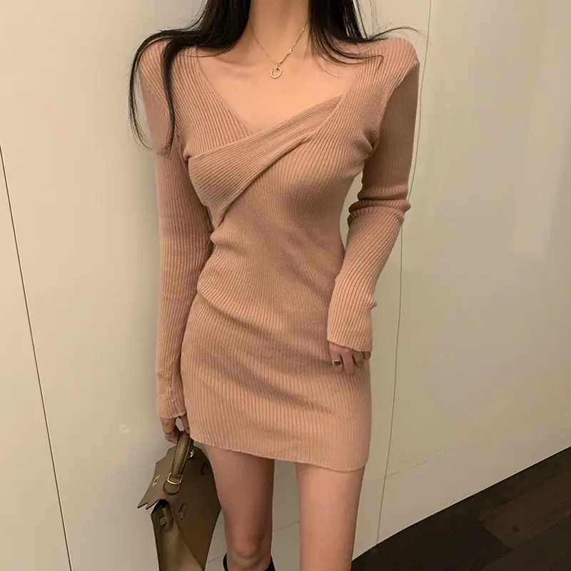 

QWEEK 2021 Autumn Winter Knitted Bodycon Dress Women Korean Fashion Wrap Long Sleeve Short Dresses Mini Ladies Sheath Slim