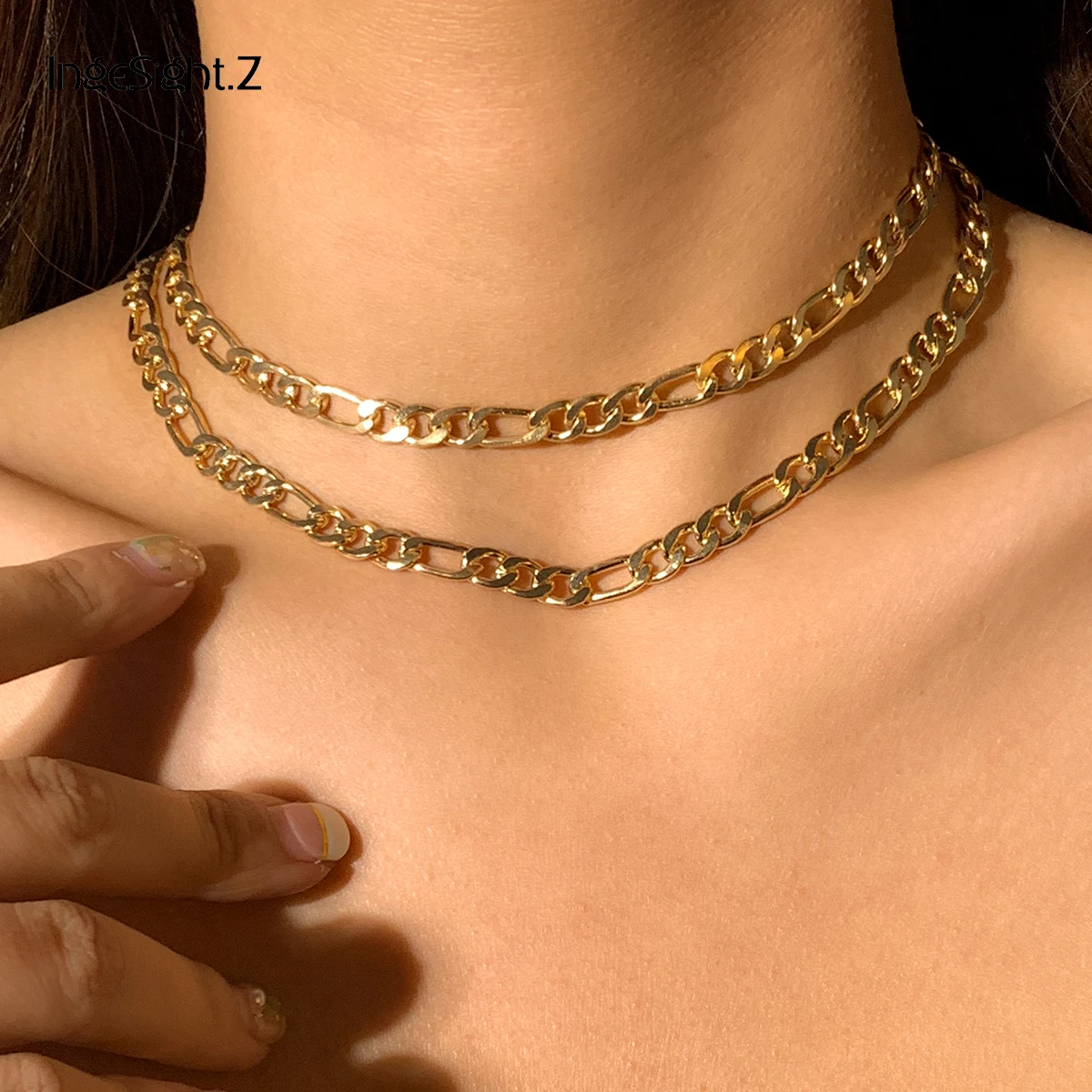 

IngeSight.Z 2Pcs/Set Gold Color Link Chain Choker Necklaces Multi Layered Goth Gothic Curb Chain Short Necklaces Collier Jewelry