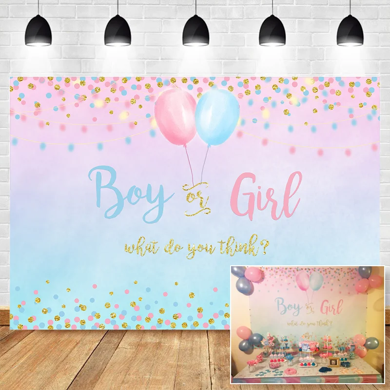 

NeoBack Boy or Girl Gender Reveal Backdrop Blue Pink Dots Balloon Photography Background Baby Shower Party Banner Backdrops