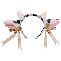 kawaii fluffy cartoon plush cow ears horn headband with bells ribbon bow anime lolita hair hoop animal party cosplay costume