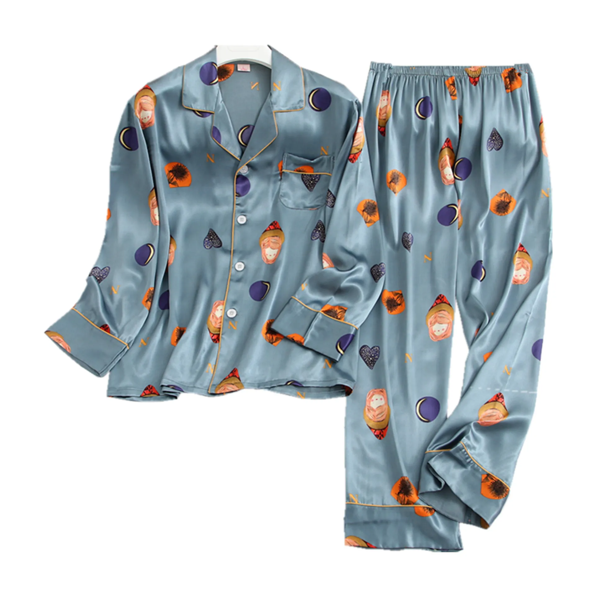 

Men Pajamas Ice Silk Casual Printed Lapel Leisure Tops Long Sleeve Long Pants Two Piece Suit Mens Pyjama
