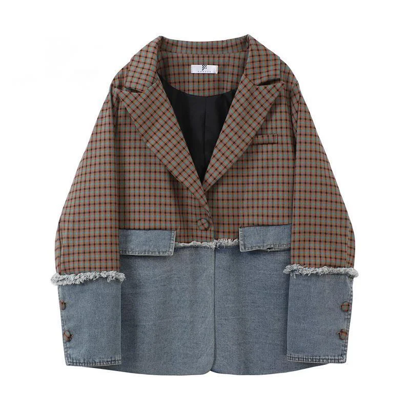 

Женские блейзеры в клетку, модель сезона осень-зима 2023 года, корейская мода, повседневный однобортный свободный костюм с длинным рукавом, куртка, женские топы