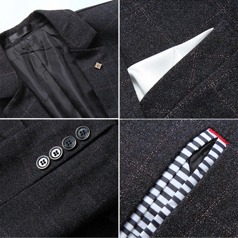 

2021 Men Suits Check Fashion Business Office Work Daily Life Formal Casual Suit Slim Fit 3 Pieces Black Blue Purple Big Size