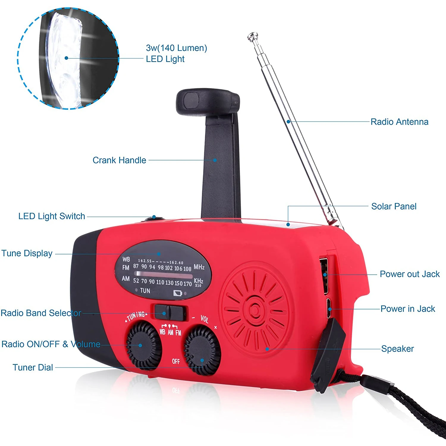 Solar Radio Emergency AM/FM/WB Weather Hand Crank with 3 LED Flashlight 1000 MAh As a Phone Power Bank | Электроника