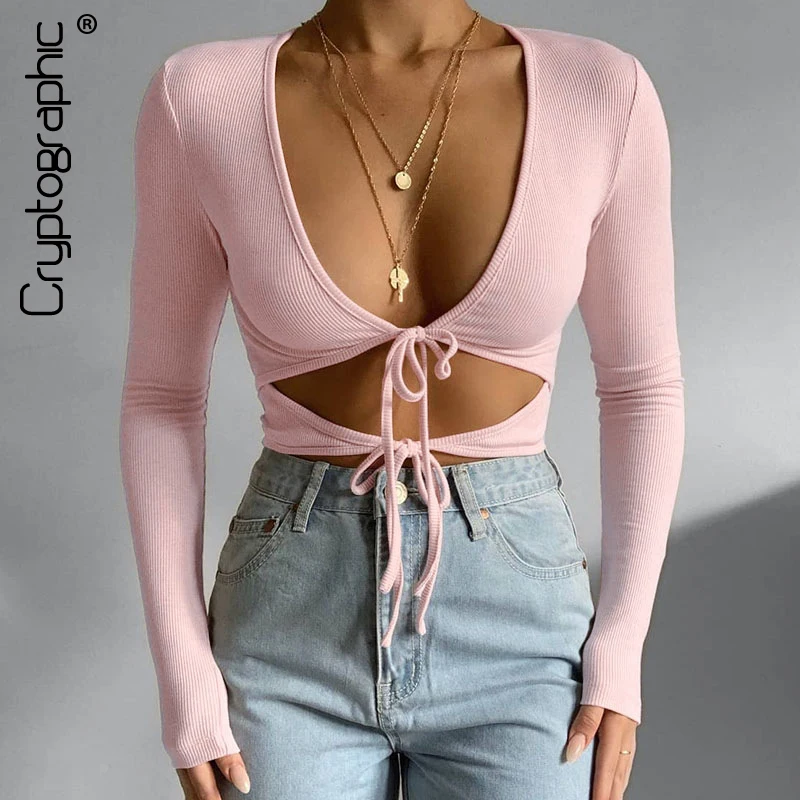 Женский трикотажный топ Cryptographic с v образным вырезом и длинным рукавом осень