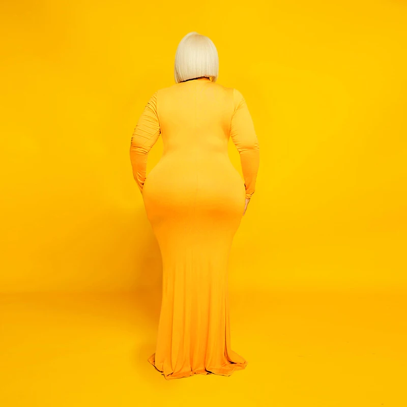 

Plus Size Floor Length Maxi Dress Autumn Woman Solid High Collar Long Sleeve High Waist Street Style Fashion Straight Long Dress