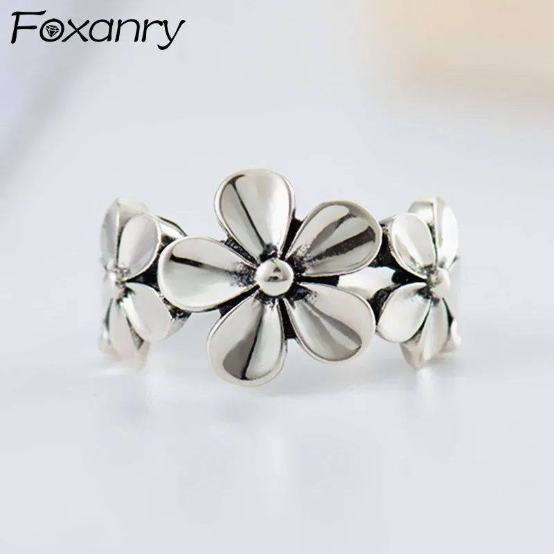 

FOXANRY 925 Sterling Silver Rings for Women Trendy Elegant Charming Vintage Make Old Sweet Creative Flowers Girl Party Jewelry