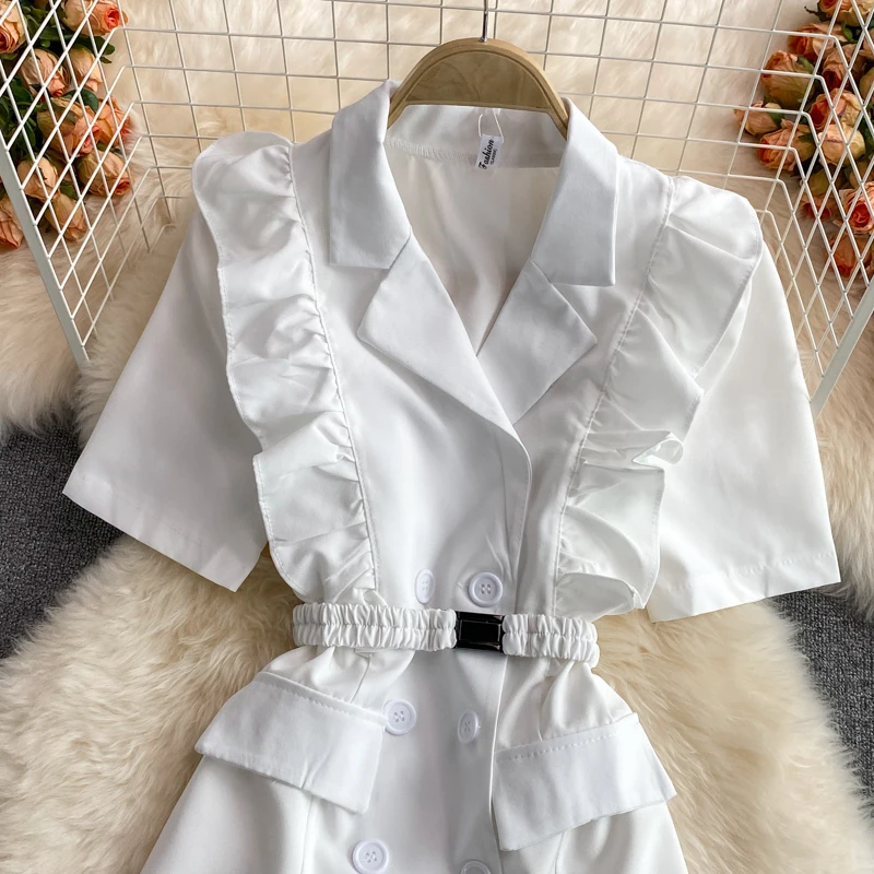 

Notchedt dress temperament women French style ruffled summer 2021 new puff sleeve double breasted a-line dress