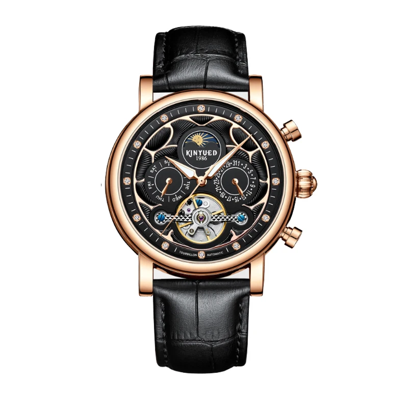 

KINYUED Top Brand Luxury Tourbillon Mechanical Automatic Watch Man Moon phase Wristwatch Skeleton Mens Watches montre homme