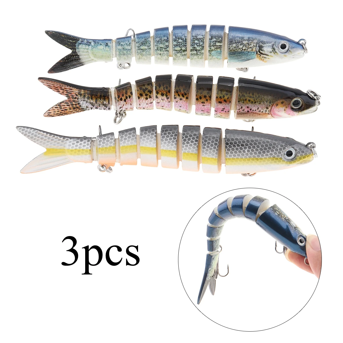 

3pcs 8 Segments Fishing Lures 13.5cm 19g Fish Minnow Swimbait Tackle Hook Crank Bait Colorful