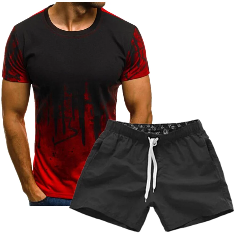 

2021 new men's suit T-shirt + shorts two-piece casual sportswear men's suit printed top + pants gym fitness shorts