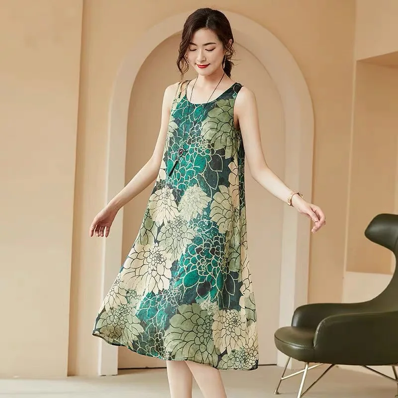 

Summer middle-aged dress, printed over-the-knee loose-fitting trendy suspender skirt