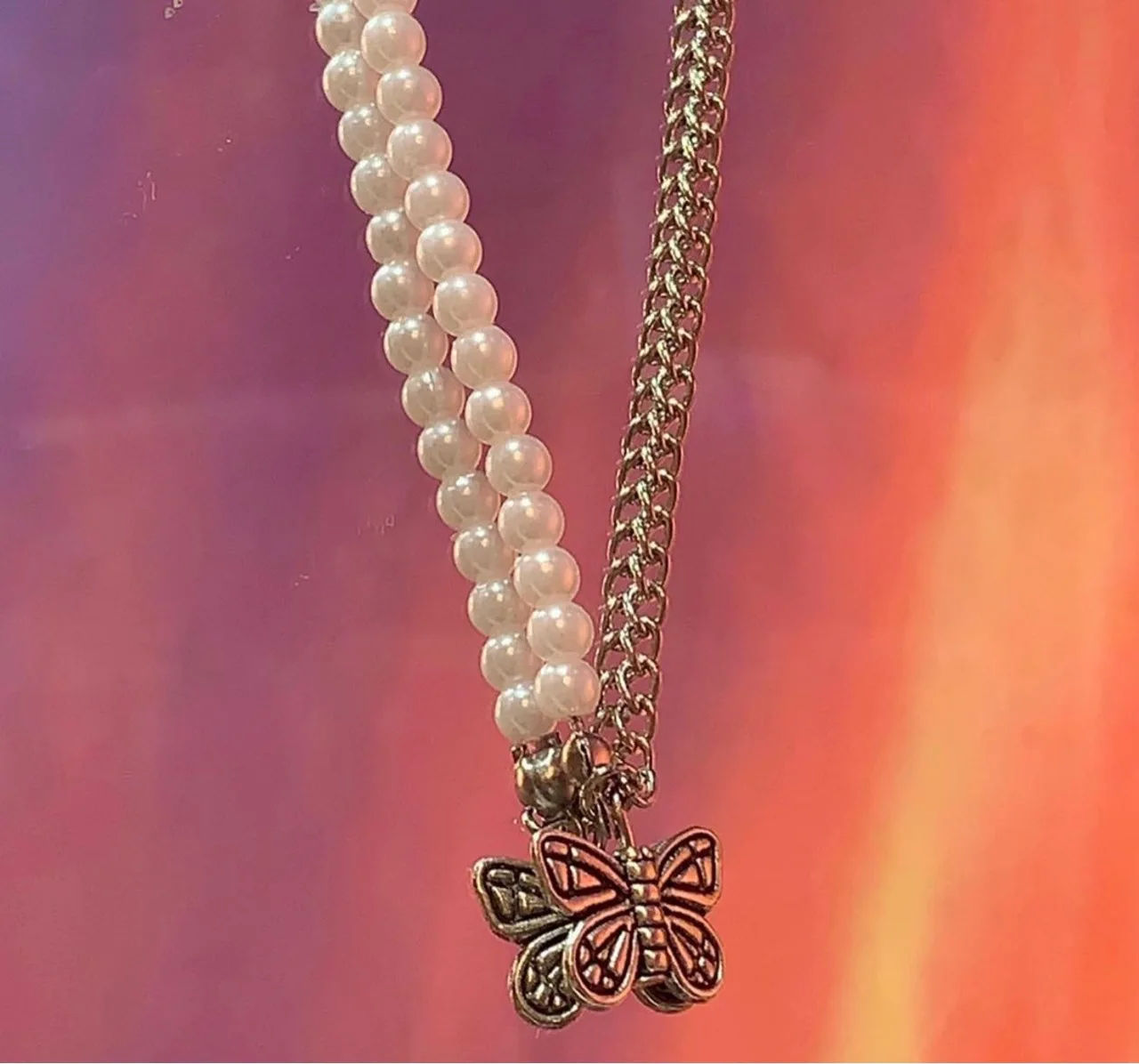 

Fashion Imitation Pearl Link Chain Short Necklaces Retro Antique Silver Color Butterfly Pendant Necklace Kolye Bijoux For Women