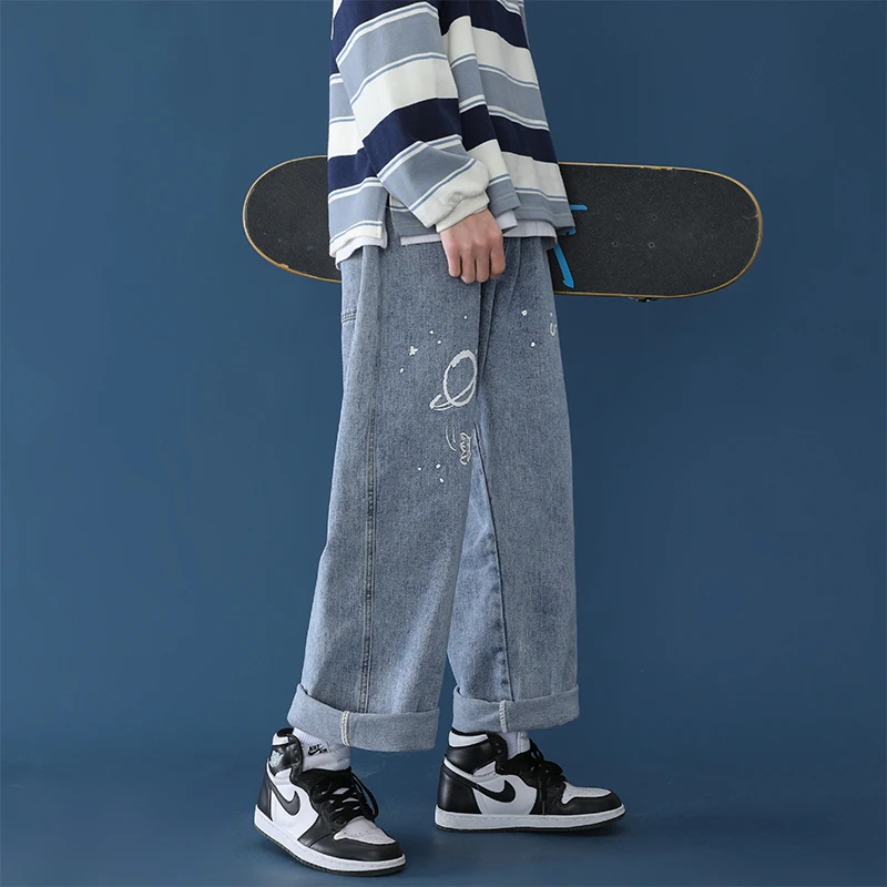 

Graffiti jeans man straight skateboard loose chic salt series versatile wide leg daddy high street fashion hip hop streetwear