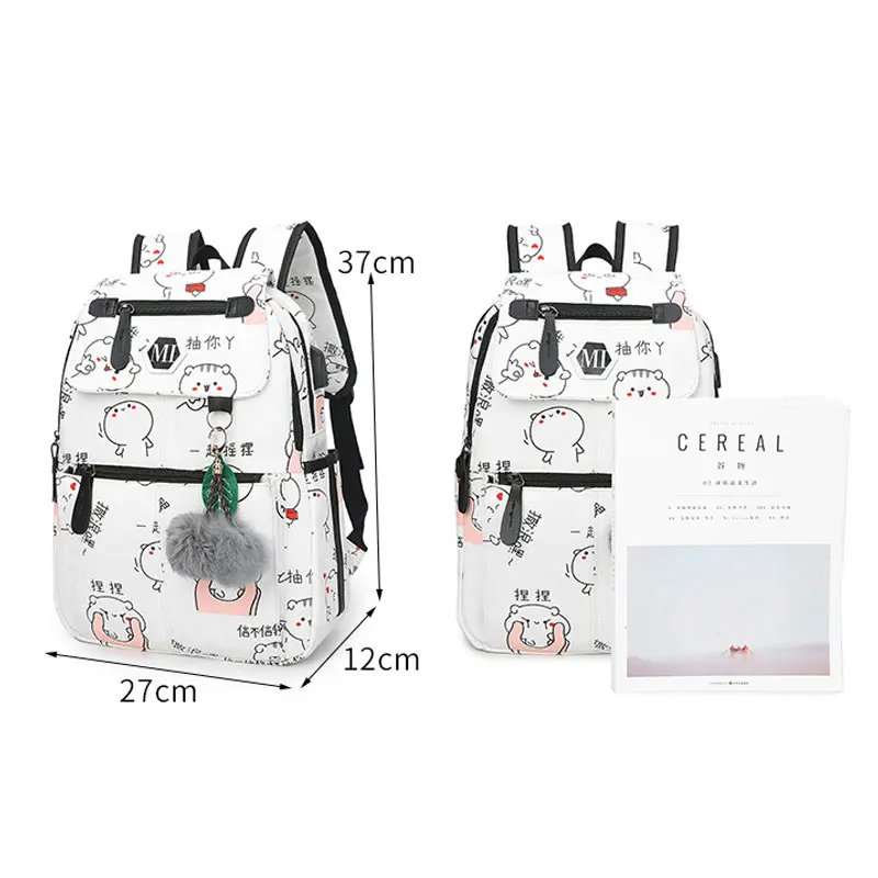 Canvas Backpack 3 Pcs Set Women School Bags Orthopedic Satchel for Girls Teenagers USB Charging Daily Travel Organizer Knapsack