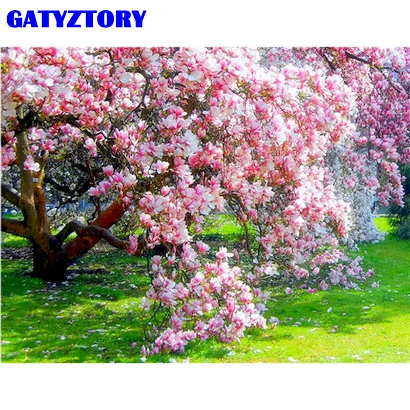 

GATYZTORY Oil Picture By Numbers Kits For Adults HandPainted DIY Gift Pink Flower Landscape Painting By Number Home Decor Photos