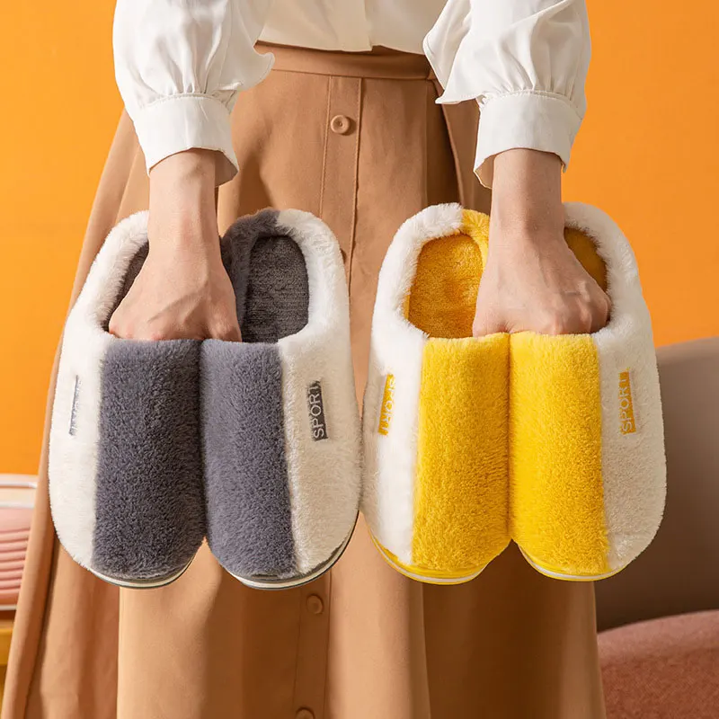 

2021 Winter New Cotton Slippers for Men and Women Home Indoor Non-Slip Thick-Soled Baotou Short Plush Slippers