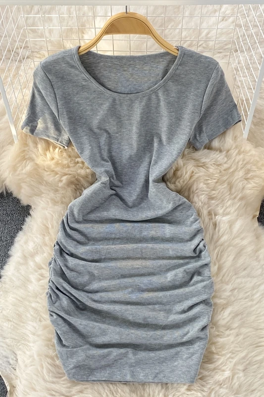

2021 Summer Fashion Round Neck Short Sleeve Solid Color Side Shirring Pleated Bodycon Mini Short Folds Dress